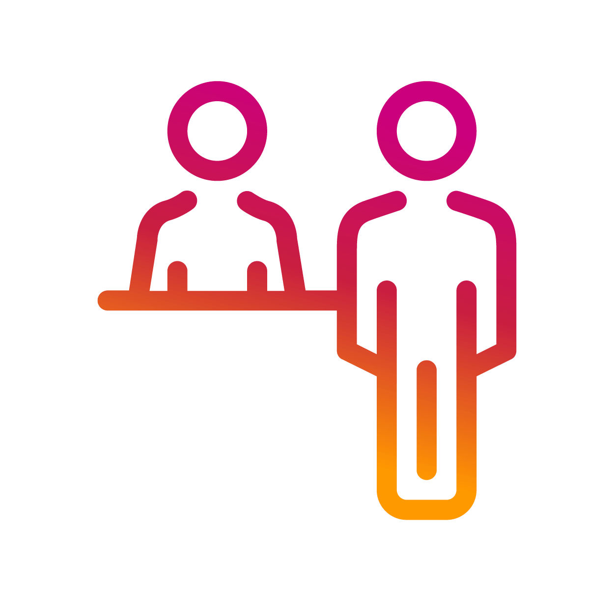 Illustration of a person walking up to another person behind a counter.