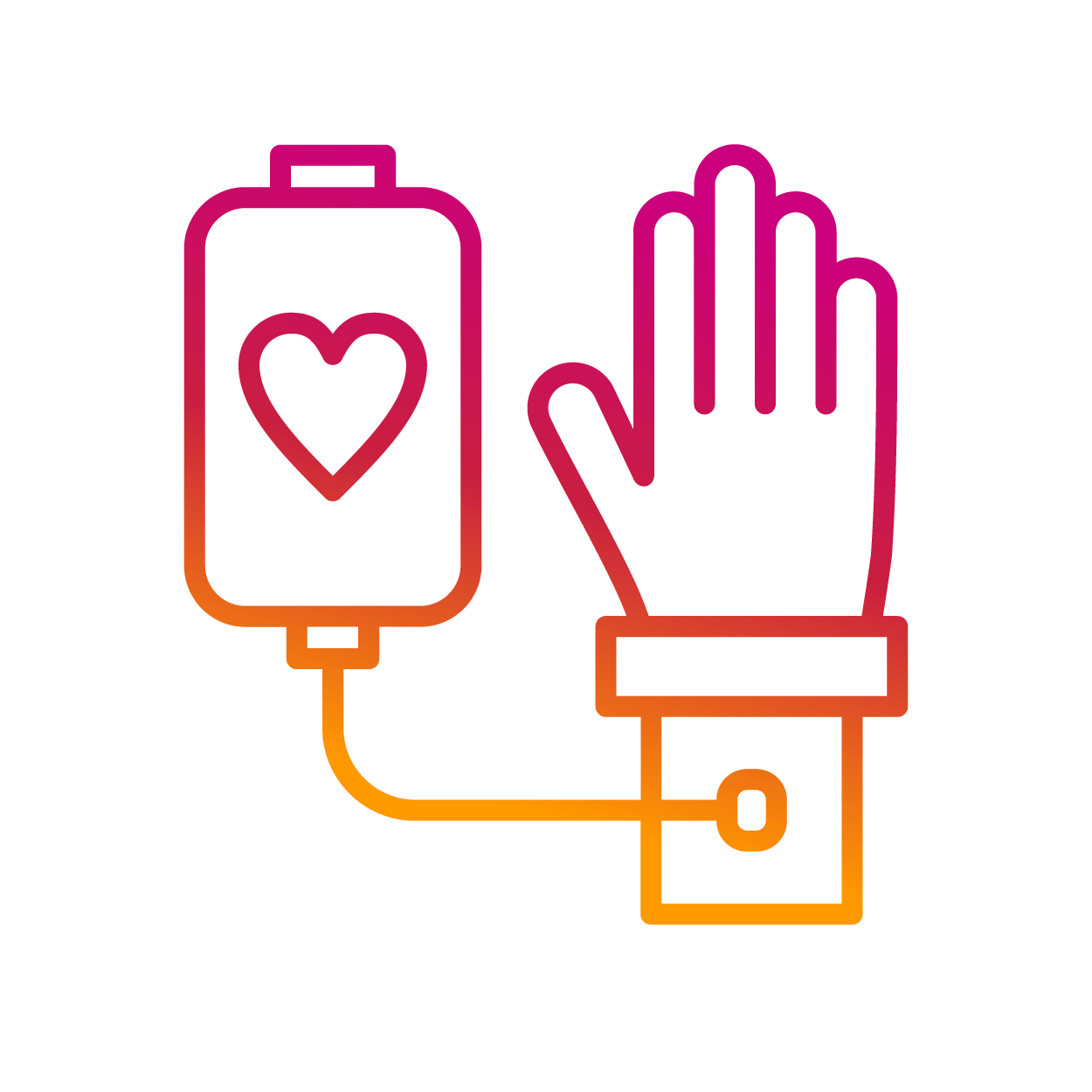 Illustration of a blood donor's arm and blood bag with a heart.