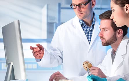 Researchers having a conversation around a computer screen.