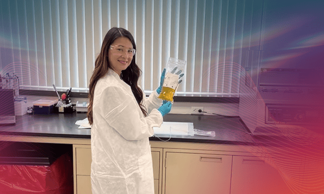 Versiti employee Jaclyn McKay making a unit of reconstituted spray-dried plasma