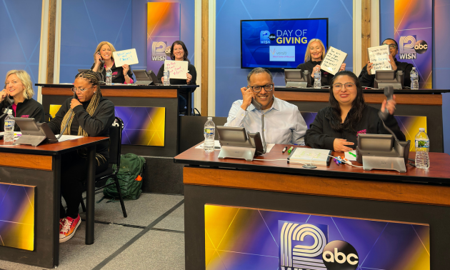 The Versiti team working the phone bank in the WISN TV 12 studio for the Day of Giving on February 11