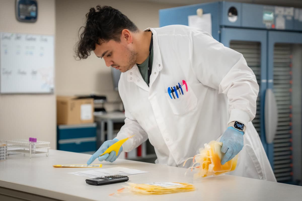Lab member inspecting platelet units.