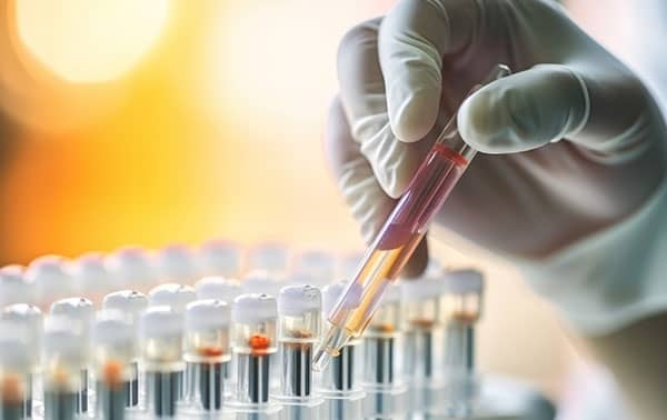 Scientist wtih blood sample in tube among other tubes in a rack.