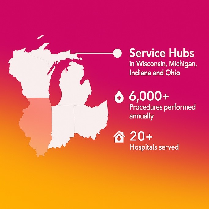 Versiti maintains apheresis and cell collection services within a 4-hour radius of our service hubs in Milwaukee; Grand Rapids, MI; Indianapolis; and Dayton, OH.