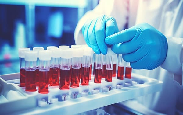Researcher holding vials of blood samples.