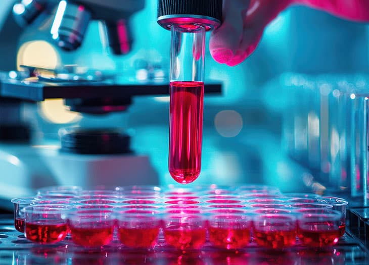 A researcher in a lab carefully examines a blood sample.